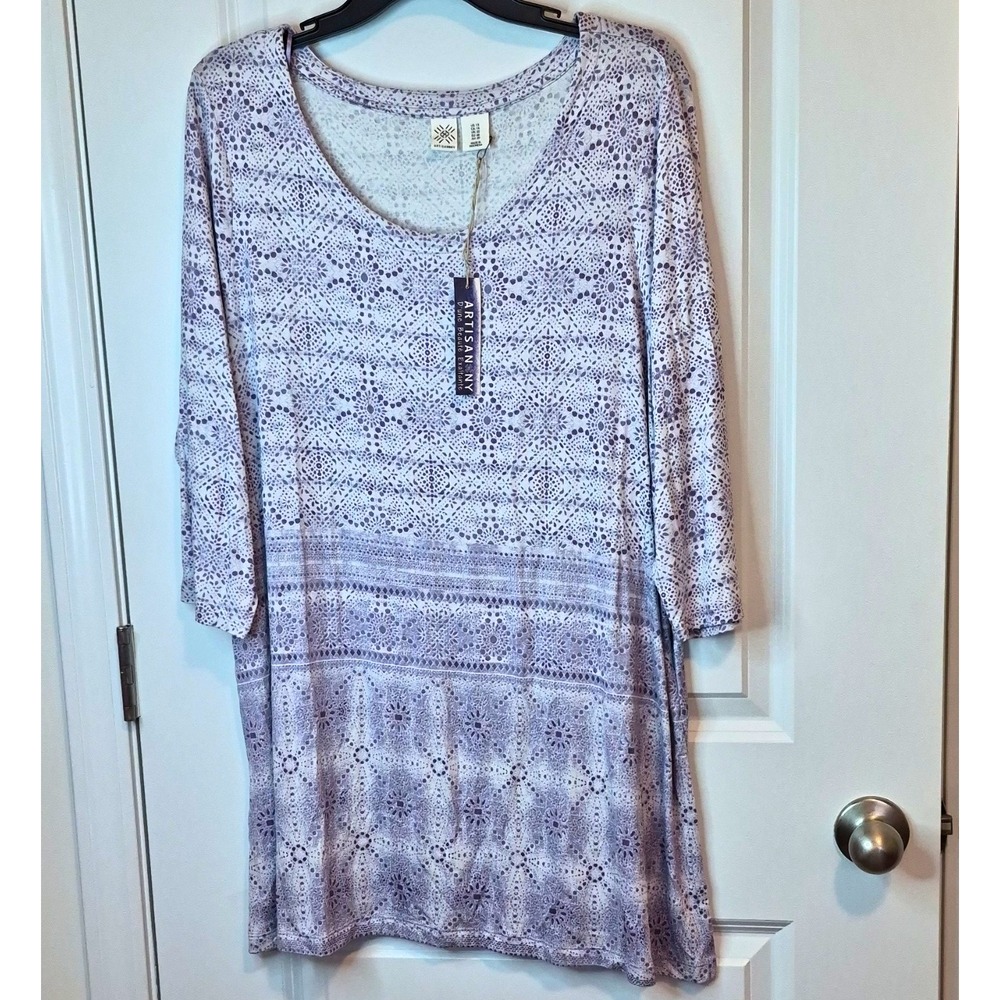 Artisan NY Women's Plus 1X Purple/White Floral Knit Shift blouse 3/4 Sleeve